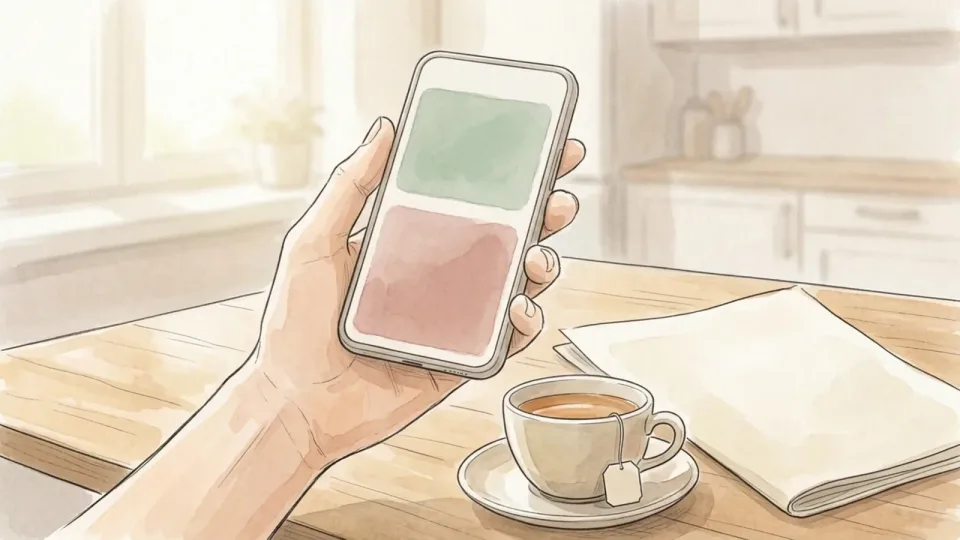 Step 3 of 15: Keep it separate from everything else. A phone held above a kitchen table, its screen showing two soft panels of colour, with a cup of tea beside it.
