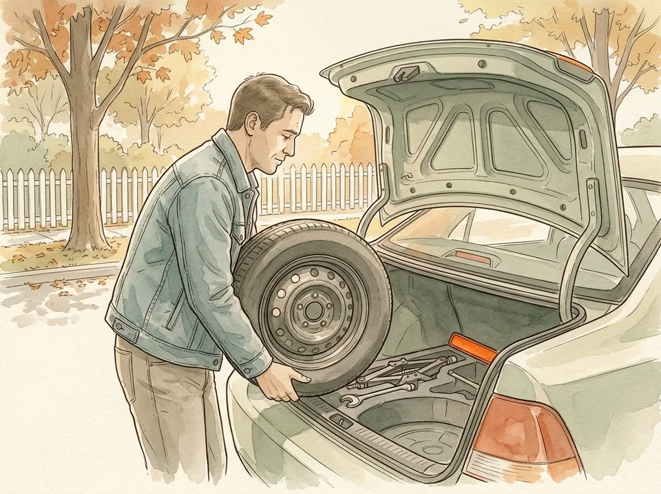 Step 15 of 15: Drive straight to a tire shop and get the flat repaired. A man loading the removed flat tire into the trunk of a sedan, with the jack and wrench stowed in their compartment