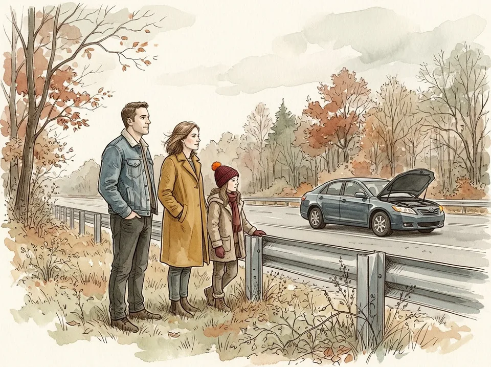 Step 3 of 15: Move passengers behind the barrier, not beside the car. A family standing safely behind a metal guardrail on the grass while their car waits on the shoulder