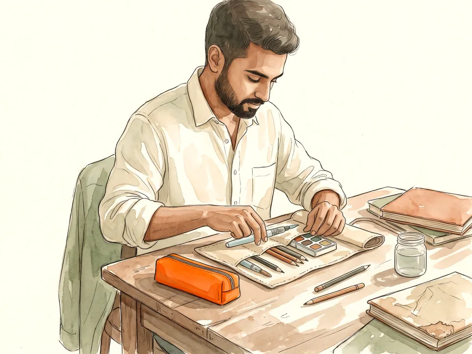 Step 2 of 12: Pick a few portable drawing tools. A man arranging pencils and a watercolor set in a canvas pouch