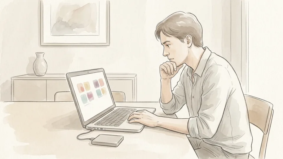 Step 8 of 15: Check that the copy is complete. A person at a laptop comparing a folder of photo thumbnails against a connected portable drive.