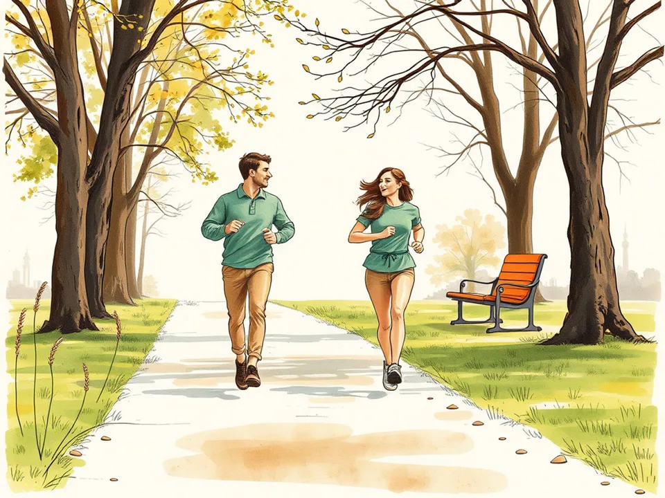 Step 3 of 12: Slow down until you can speak in full sentences. Two people jogging slowly side by side on a park path, talking