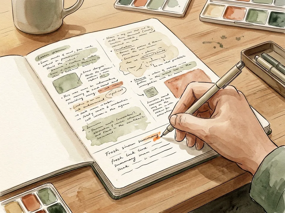 Step 13 of 15: Write a five-line summary at the bottom. A hand writing a short five-line summary in the band at the bottom of a notebook page