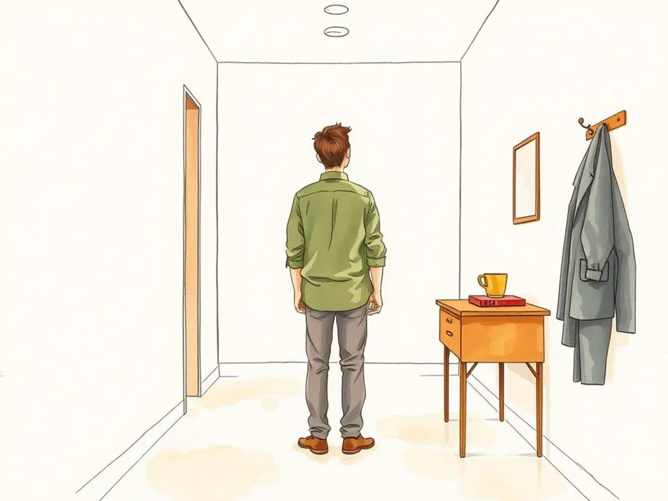 Step 4 of 12: Predict their answer and rehearse your opening. A person standing in a hallway quietly rehearsing how they will open a hard conversation