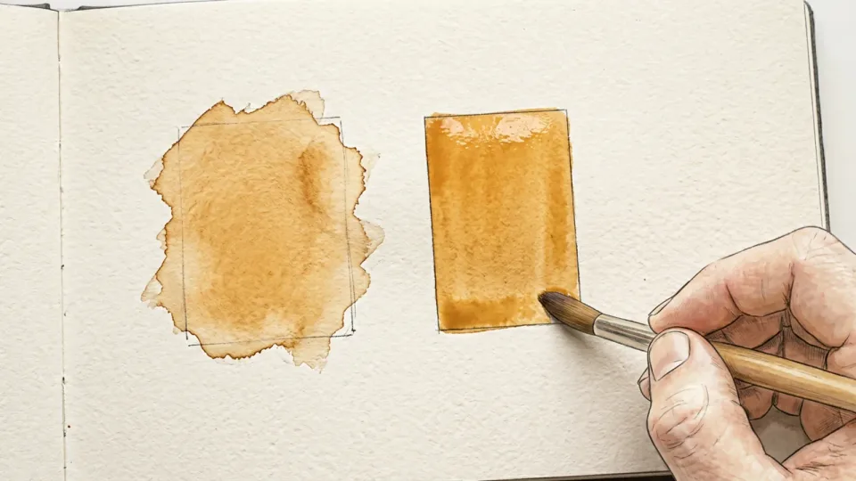 Step 8 of 15: Paint the same shape on dry paper. A brush painting a crisp-edged rectangle of ochre onto dry paper next to an earlier soft-edged patch of the same colour.