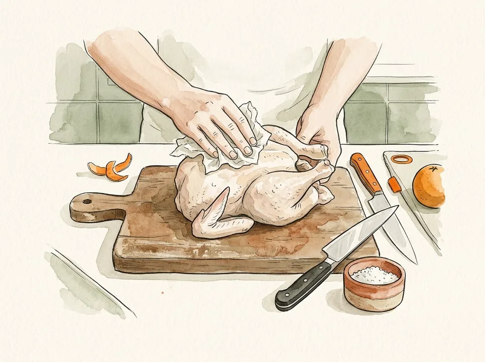 Step 1 of 15: Buy a bird between 1.5 and 2 kg. A raw whole chicken on a wooden board being patted dry with paper towel, a knife and salt nearby