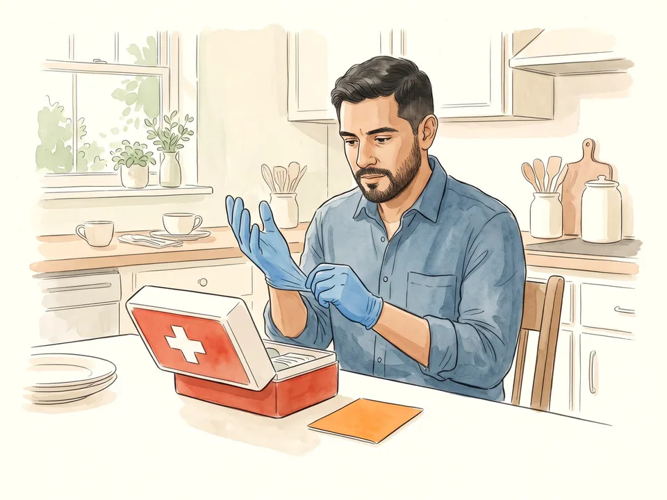 Step 10 of 12: Learn how to use each item. A man practicing opening a first-aid box and putting on gloves
