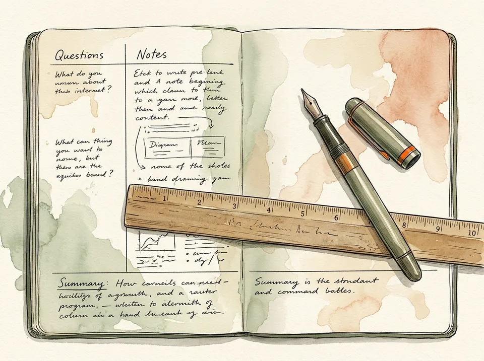 Step 2 of 15: Pick one note system and stop switching. A notebook page divided into a left question margin, a main notes column, and a summary band at the bottom