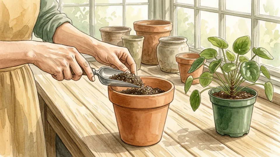 Step 11 of 15: Place fresh mix in the base. A gardener adding a shallow layer of potting mix to a clean pot with a small scoop.