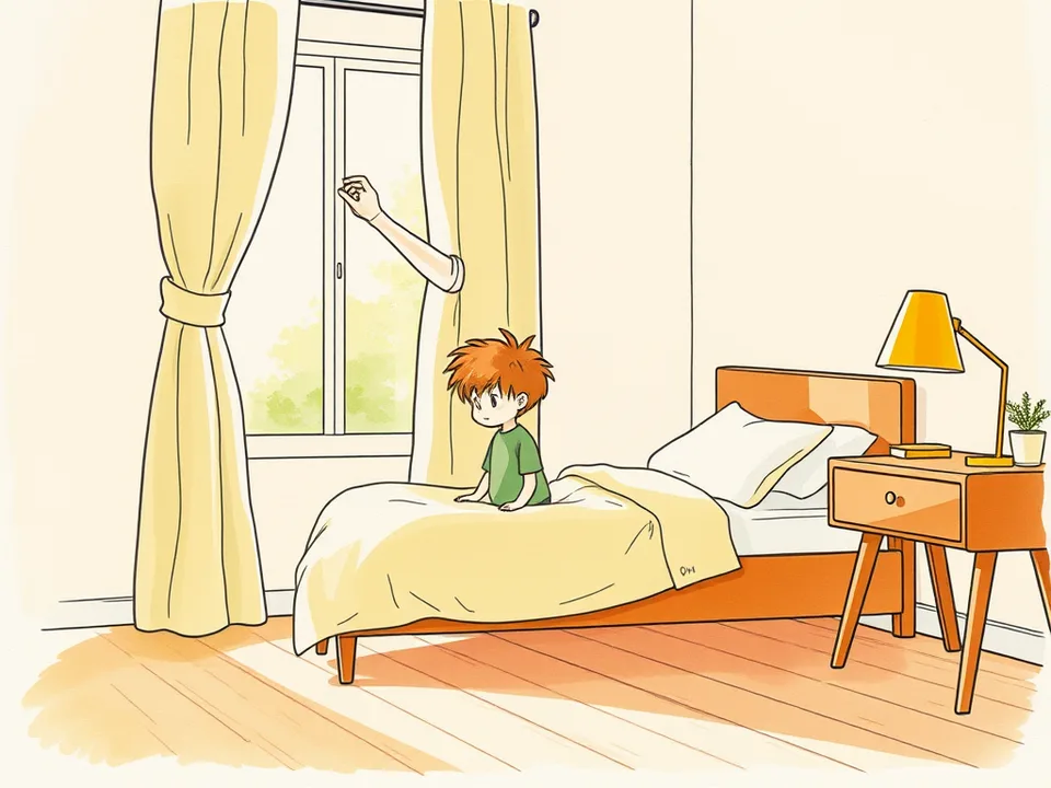 Step 1 of 15: Fix the morning wake-up time first. A parent opening curtains in a child's bedroom in the morning while a toddler sits up in bed