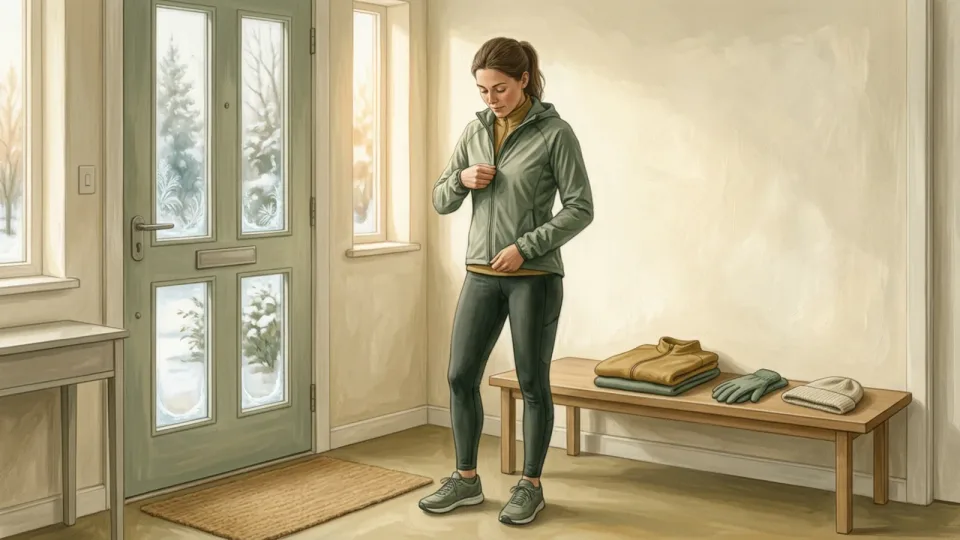 Step 2 of 12: Choose adjustable layers. A person zipping up a thin running jacket by the front door, with a second layer, gloves and a beanie laid out on a bench