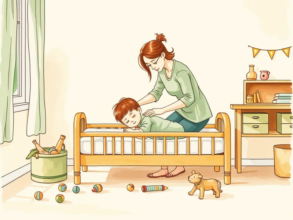 Step 2 of 15: Protect the nap but cap it. A toddler asleep on a cot in a bright playroom while a parent gently wakes them with a hand on the shoulder