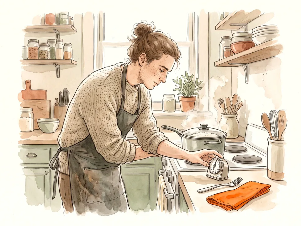 Step 4 of 12: Rest, then fluff with a fork. A cook setting a timer beside a covered pot of rice