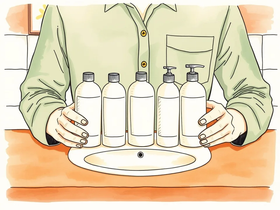 Step 4 of 12: Apply thinnest to thickest, sunscreen last. Two hands arranging three skincare bottles in the order they are applied