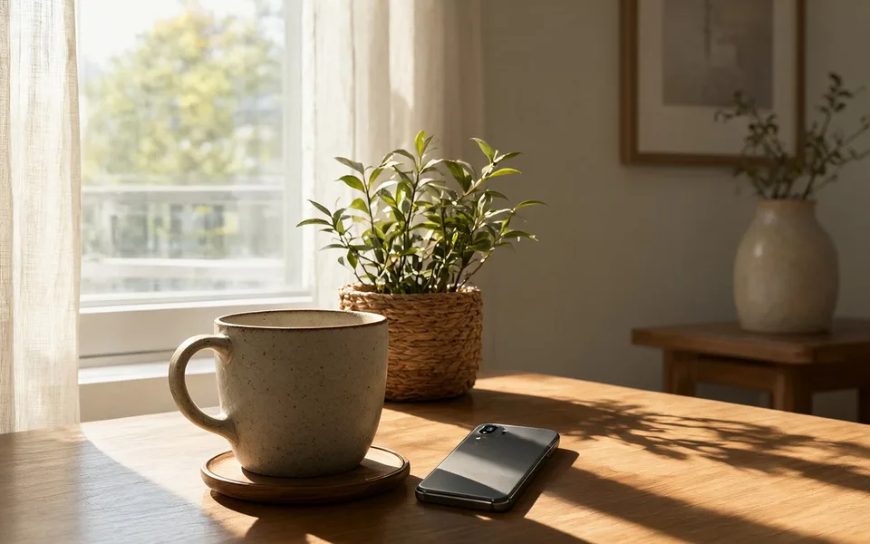 Soft window light falling across a mug and plant on a table