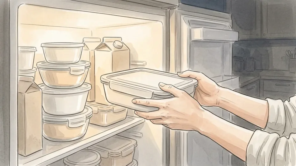 Step 10 of 15: Get it into the fridge within two hours. Hands sliding a covered container of food onto a refrigerator shelf beside other stacked containers.