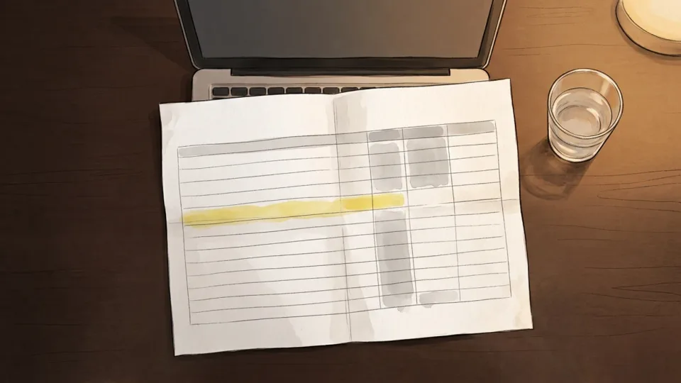 Step 12 of 15: Check what the account costs and earns. A folded printed statement on a desk with a highlighter resting across it and a laptop open behind.