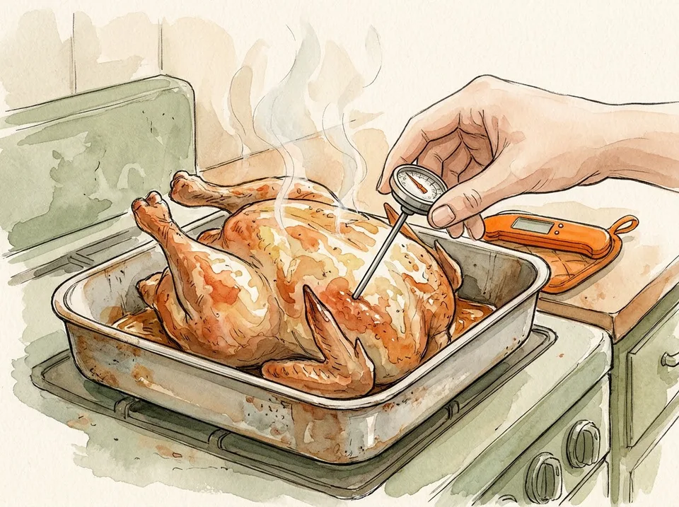 Step 11 of 15: Check the thigh at 74°C (165°F). A hand inserting an instant-read thermometer into the thigh of a roasted chicken in a tin