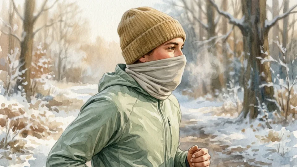 Step 5 of 12: Ease your effort and protect your airways. Close-up of a winter runner with a thin neck gaiter pulled over the mouth, knit hat and frosty path behind