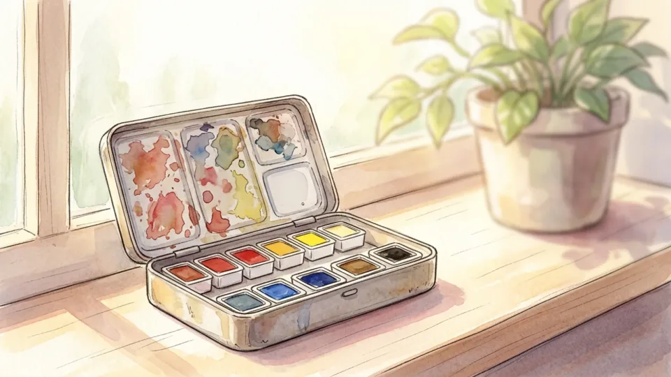 Step 3 of 15: Keep the palette to a handful of colors. A small open metal paint tin of coloured pans standing on a sunny windowsill, the mixing lid still wet from the last session.
