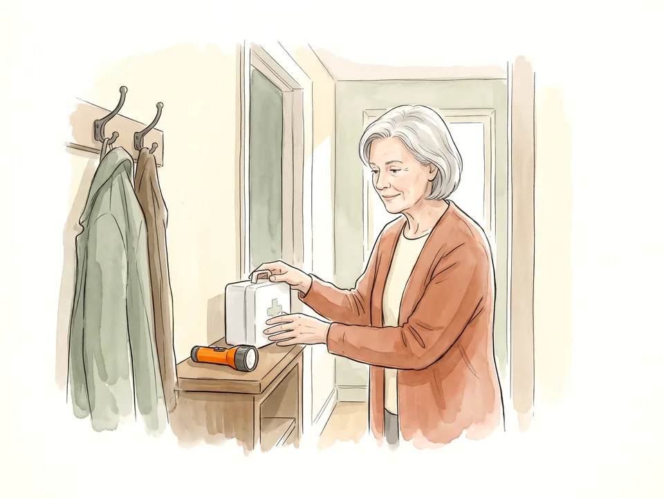 Step 2 of 12: Choose a dry, reachable spot. A woman placing a first-aid box on a hallway shelf beside a torch