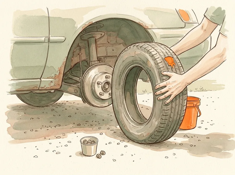 Step 9 of 15: Take the nuts off in a circle and keep them in one place. Two hands pulling a flat tire straight off the wheel hub, with the lug nuts collected in a cup on the ground
