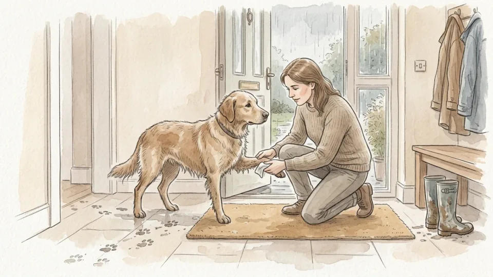 Step 14 of 15: Wipe the dog down when you get home. A woman kneeling on a doormat inside an open front door, holding a wet dog's front paw and wiping it with a white cloth, wet pawprints across the tiles behind.