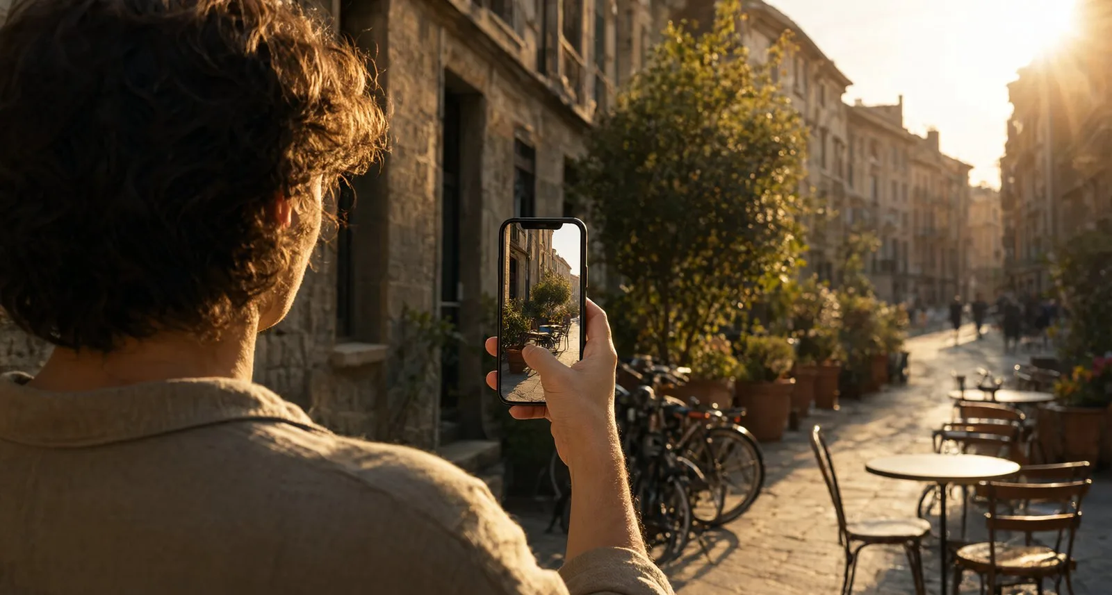 Someone composing a street photo on a smartphone in warm afternoon light