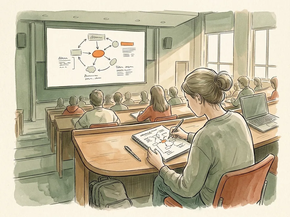 Step 10 of 15: Copy diagrams roughly and label them properly. A student sketching a rough labelled diagram in a notebook while a diagram is projected at the front