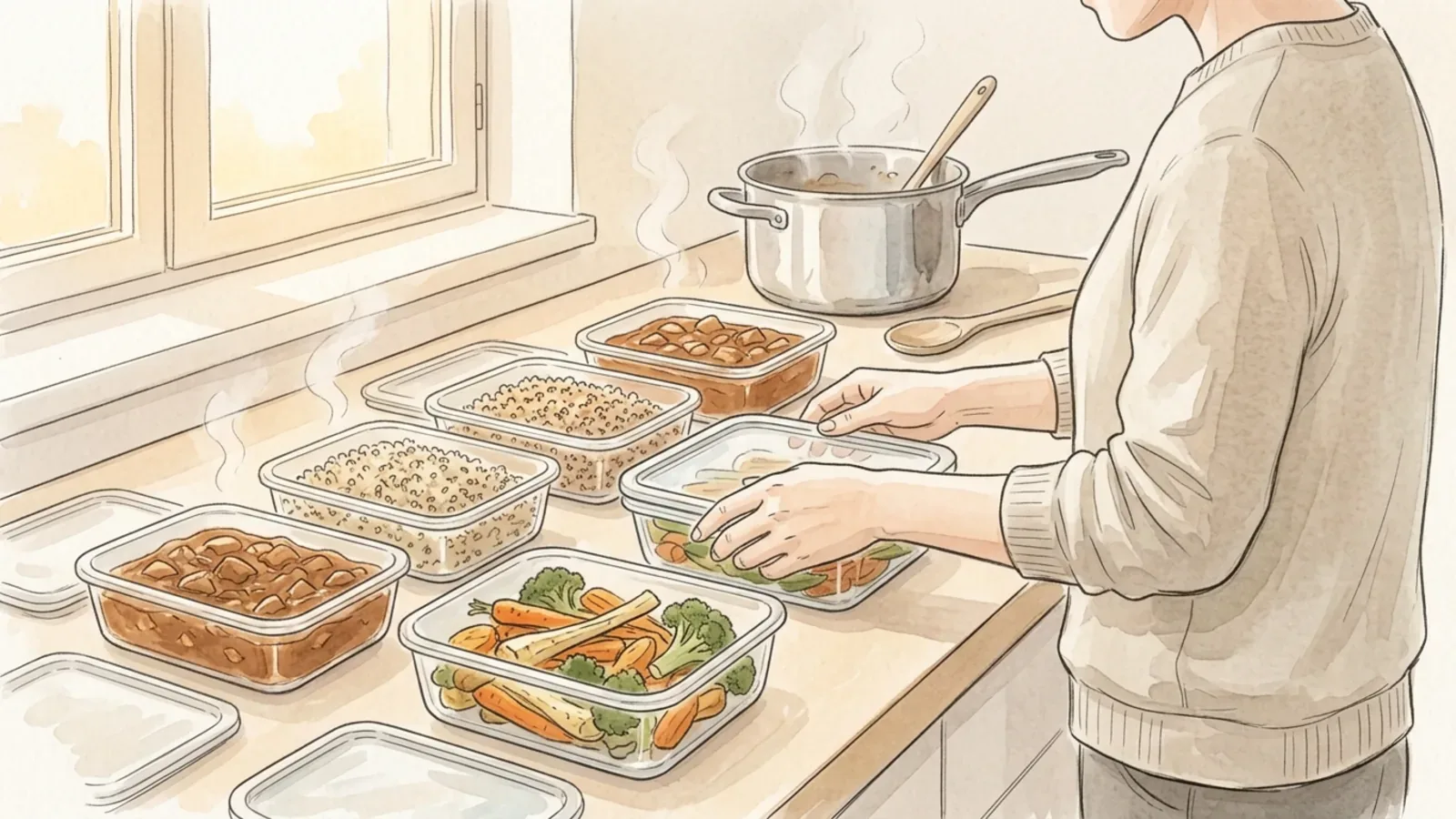 A kitchen worktop at the end of a cooking session, with shallow containers of stew, grains and roasted vegetables laid out in a row and a person fitting a lid onto one of them.