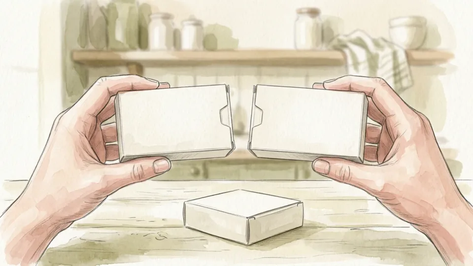 Step 5 of 15: Look for the same active ingredient in two places. Two medicine cartons held up side by side with their broad faces turned towards the viewer, a third carton resting on the table below.
