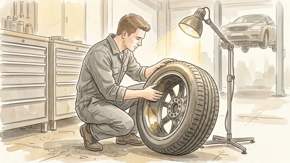 Step 15 of 15: Know when to stop and have it inspected. A technician in a workshop crouching beside a wheel that has been removed from a car, examining the inner sidewall under a work lamp.