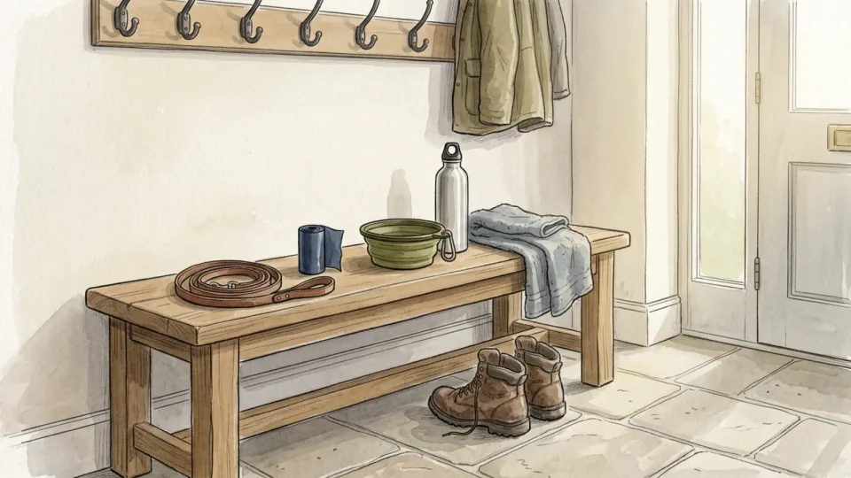 Step 4 of 15: Build one kit and keep it by the door. A lead, a roll of waste bags, a collapsible bowl, a water bottle and a folded towel laid out on a hallway bench under coat hooks.