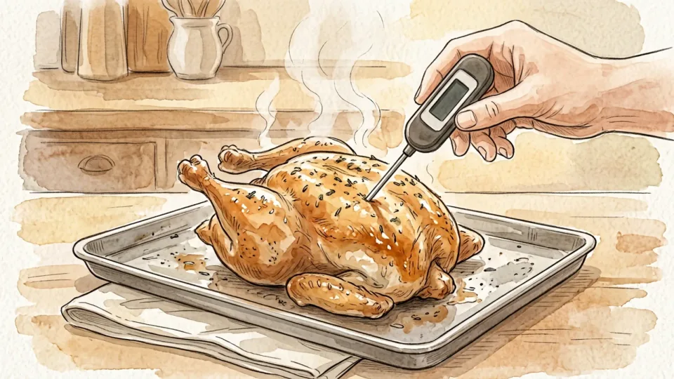 Step 7 of 15: Cook each food to its safe internal temperature. A hand pushing a probe thermometer into a whole roasted chicken resting on a baking tray, steam rising, a folded cloth under the tray.