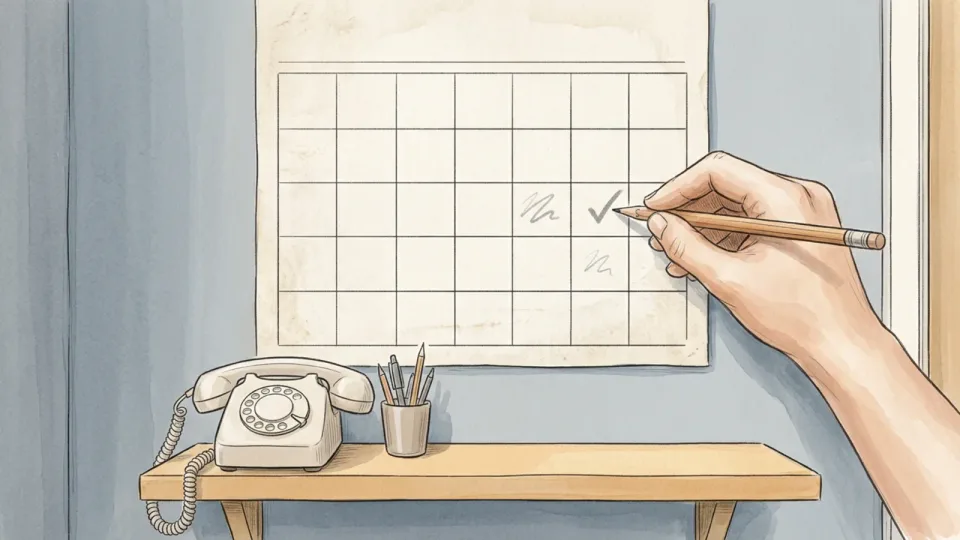 Step 9 of 15: Fix the timing of your bills, not your income. A hand marking one square of a blank wall calendar grid with a pencil, a telephone on the shelf below.