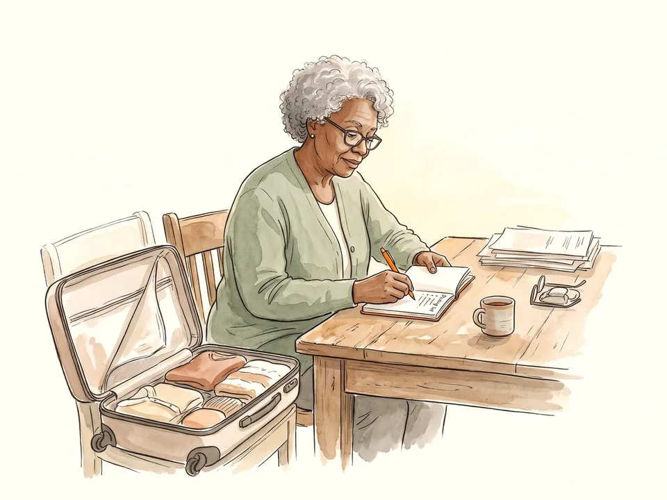 Step 4 of 12: Make a packing list. A traveler writing a packing list in a notebook