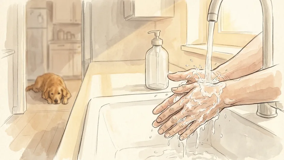 Step 15 of 15: Pick up, bin it, and wash your hands. A pair of hands lathered with soap under a running kitchen tap beside a plain unlabelled pump bottle, with a dog lying on the floor behind in the soft-focus background.