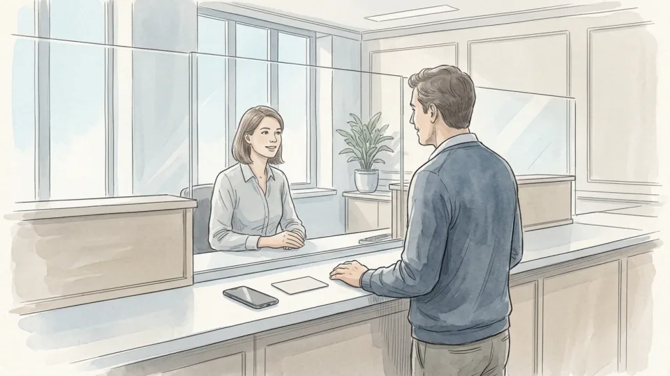 Step 11 of 15: Keep it reachable within a day or two. A person at a bank counter speaking with a teller, a card and a phone resting on the counter in front of them.