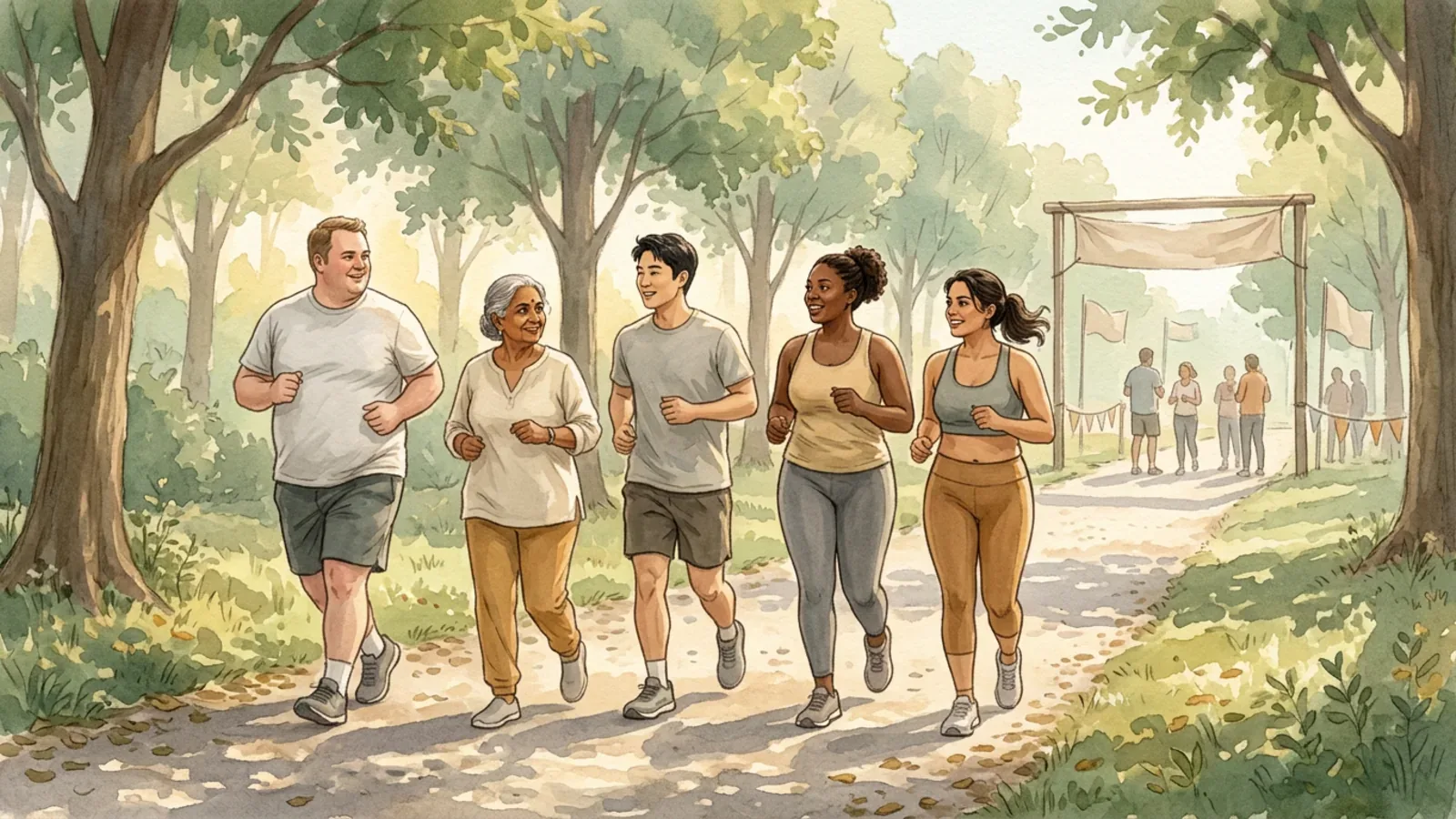 A diverse group of beginners jogging together on a leafy park path with a plain finish banner behind them