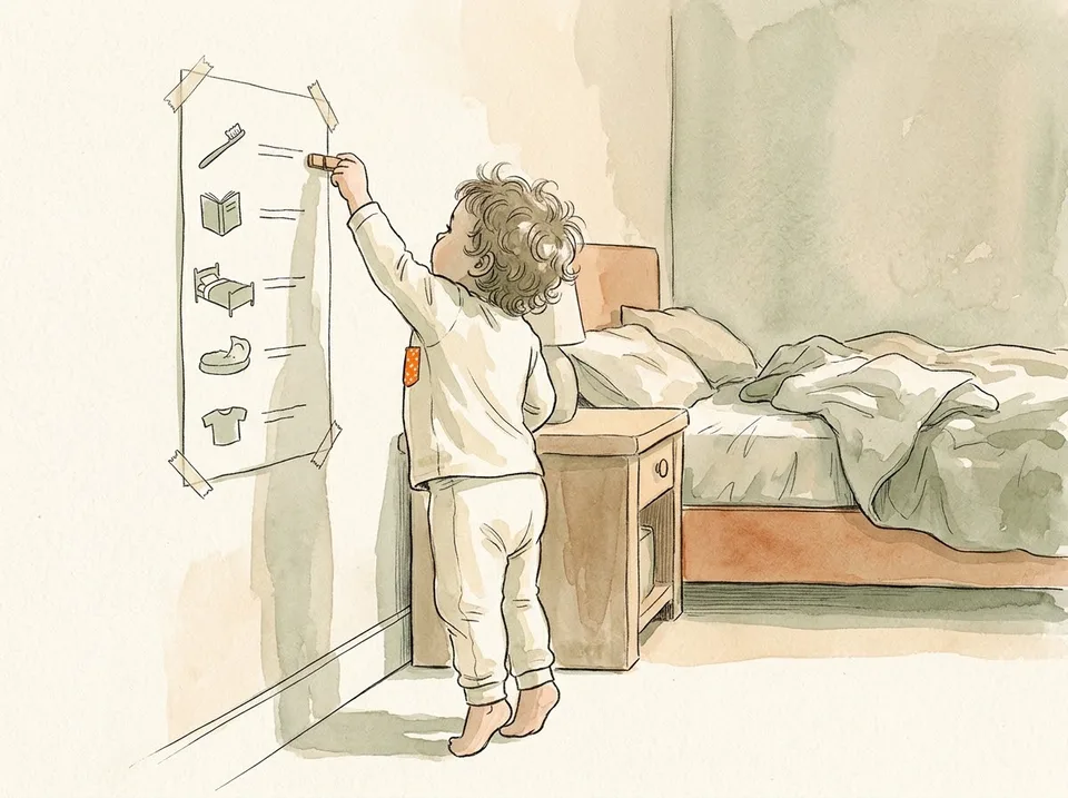 Step 7 of 15: Draw a bedtime checklist with pictures. A hand-drawn bedtime checklist with five simple pictures taped to a bedroom wall, a toddler reaching to move a clip