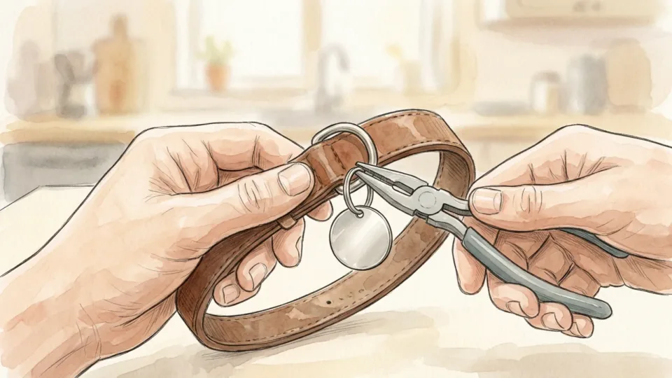 Step 3 of 15: Put identification on before the first walk. Two hands holding a leather collar across a kitchen table, working a small plain round metal tag onto the ring with a pair of pliers.