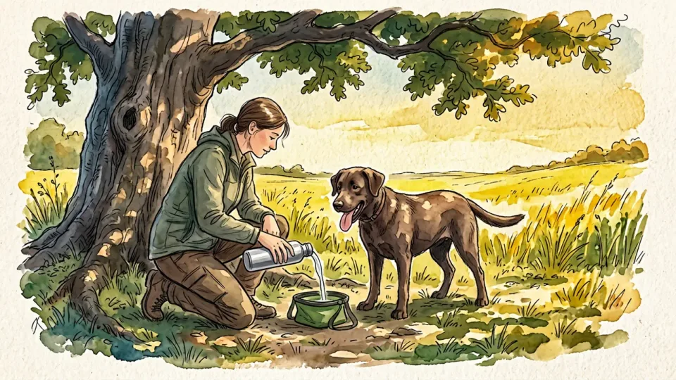 Step 12 of 15: Carry water and take breaks in the heat. A person pouring water from a bottle into a collapsible bowl in the shade of a large tree while a dog waits with its tongue out.