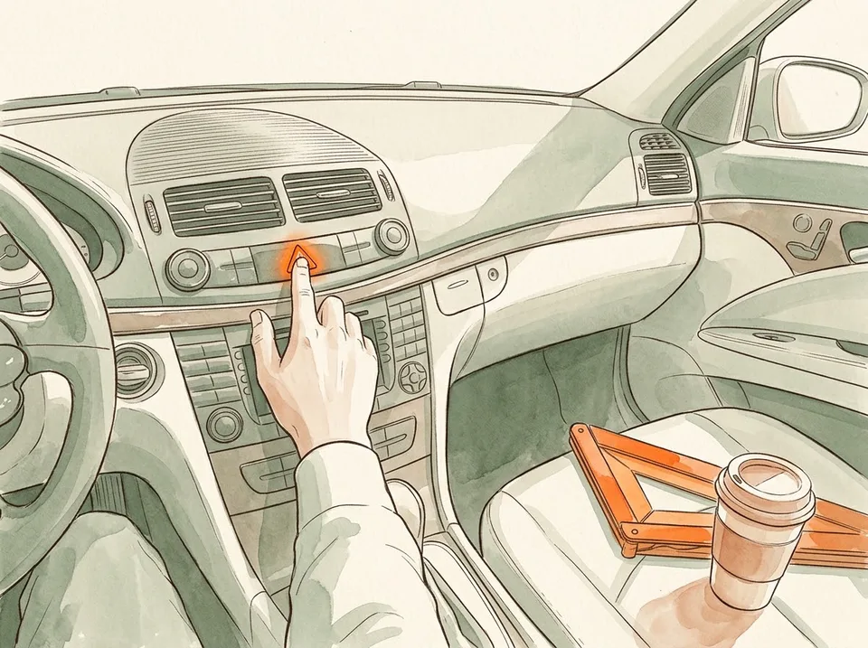 Step 2 of 15: Switch on the hazards and set out a warning triangle. A hand pressing the hazard-light button on a car dashboard, with an orange warning triangle on the passenger seat