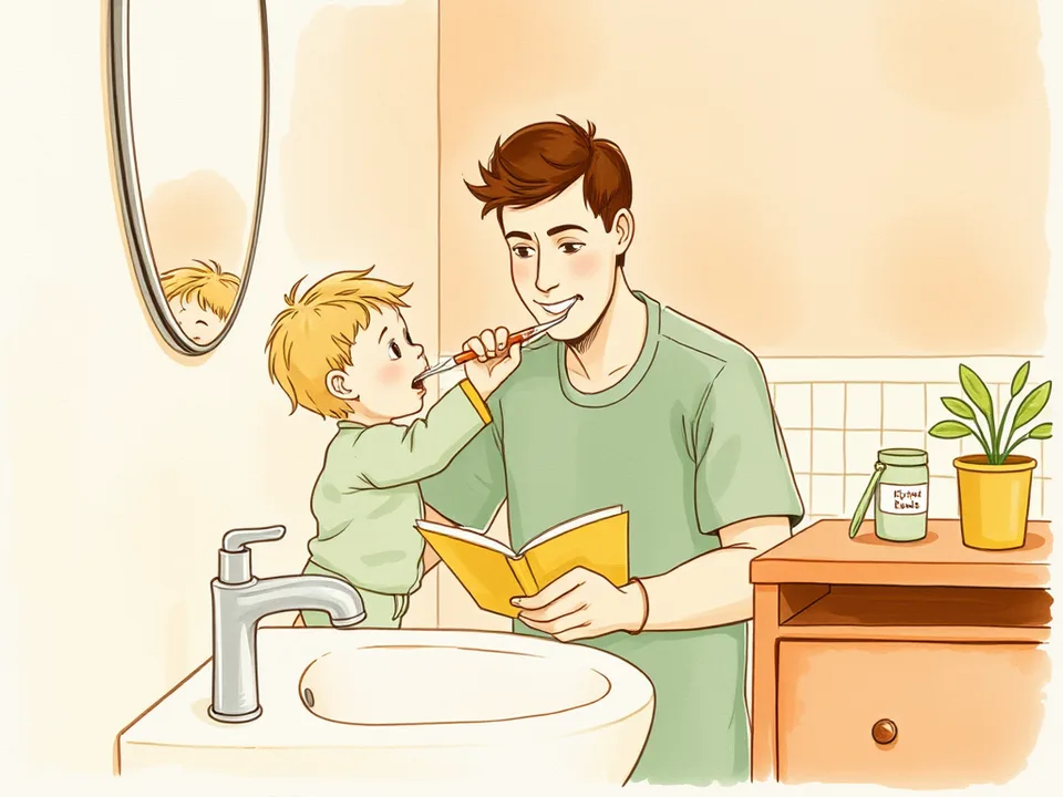 Step 3 of 15: Build a twenty-minute wind-down routine. A toddler in pyjamas brushing teeth beside a parent in a warm bathroom, a picture book waiting on the sink