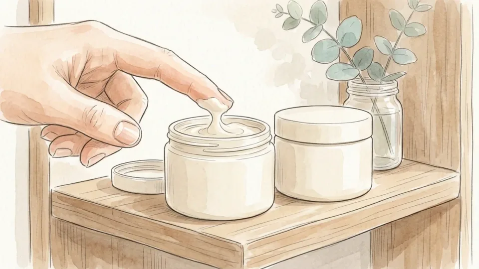 Step 6 of 15: Choose an ointment or thick cream, not a lotion. A fingertip lifting a thick dab of pale ointment from an open unmarked tub on a bathroom shelf, with a second plain tub beside it.