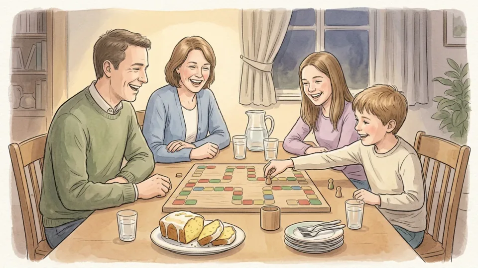 Step 13 of 15: End on something everyone likes. A family of four playing a simple board game at the same table, laughing as a child moves a wooden counter, with a plate of sliced cake nearby.