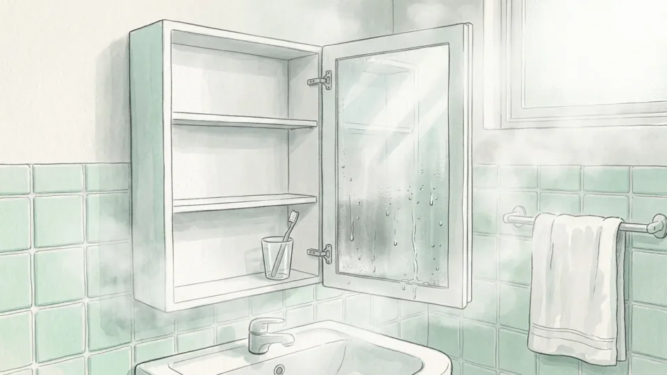 Step 6 of 15: Move everything out of the bathroom. An open mirrored bathroom cabinet standing empty except for a toothbrush glass, steam fogging the lower edge of the mirror.