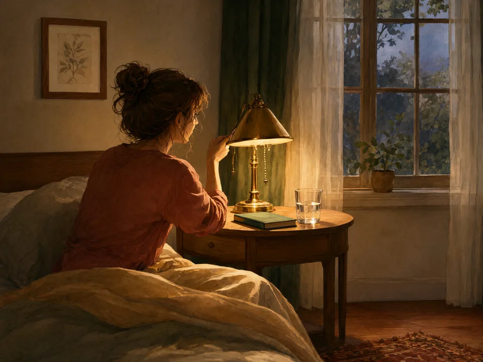 Step 9 of 12: Treat sleep as part of the study plan. A person turning off a bedside lamp at night before an exam