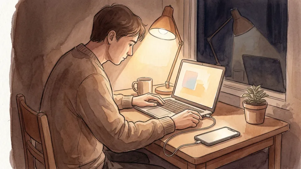 Step 5 of 15: Gather files without deleting originals. A person at a lamplit desk in the evening plugging a cable from a phone into the side of a laptop.
