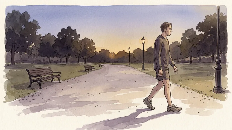 Step 11 of 15: Cool down instead of stopping suddenly. A person walking slowly along a park path at dusk after a workout, shoulders relaxed